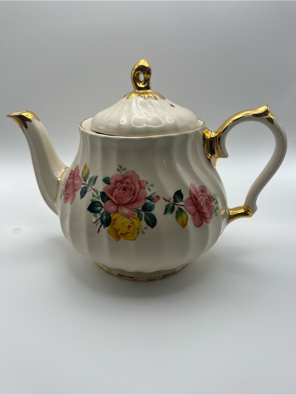 Sandler Cream Ceramic Teapot with Pink & Yellow Rose Accents and Gold Trim